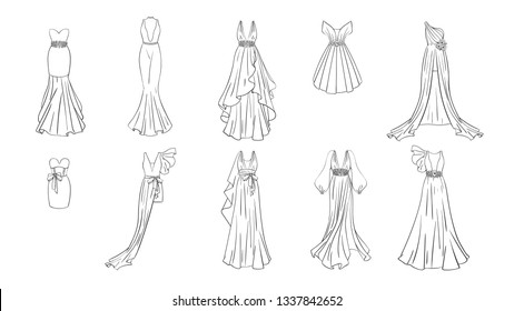 A set of different dresses. Modern and classic style. Dresses for prom, gala evening, wedding, masquerade, points. Coloring page for girls.