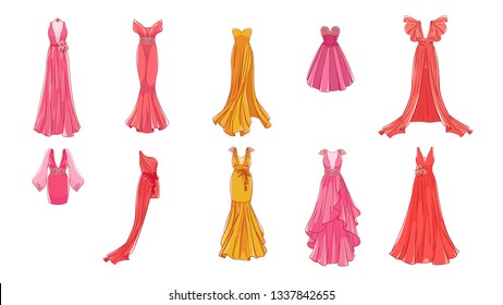 A Set Of Different Dresses. Modern And Classic Style. Dresses For Prom, Gala Evening, Wedding, Masquerade, Points. 