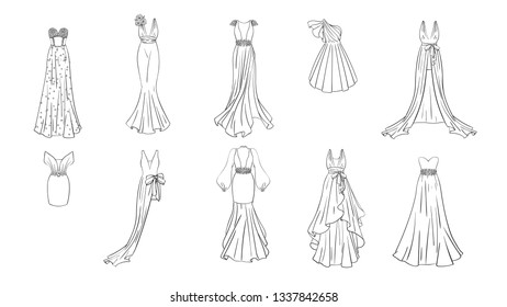 A set of different dresses. Modern and classic style. Dresses for prom, gala evening, wedding, masquerade, points. Coloring page for girls.