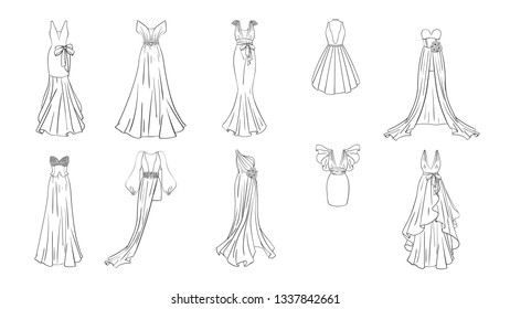 A set of different dresses. Modern and classic style. Dresses for prom, gala evening, wedding, masquerade, points. Coloring page for girls.