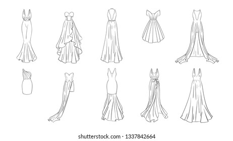 A set of different dresses. Modern and classic style. Dresses for prom, gala evening, wedding, masquerade, points. Coloring page for girls.