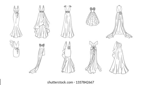 A set of different dresses. Modern and classic style. Dresses for prom, gala evening, wedding, masquerade, points. Coloring page for girls.