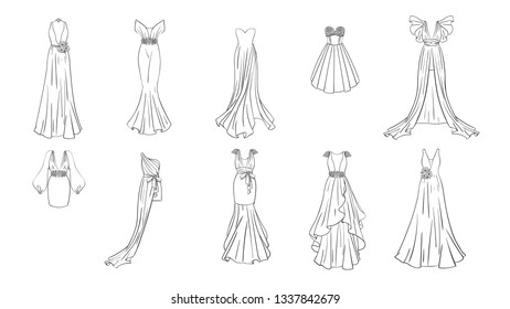 A set of different dresses. Modern and classic style. Dresses for prom, gala evening, wedding, masquerade, points. Coloring page for girls.