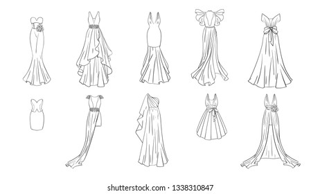 A set of different dresses. Modern and classic style. Dresses for prom, gala evening, wedding, masquerade, points. Coloring page for girls.