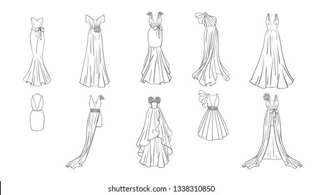 A set of different dresses. Modern and classic style. Dresses for prom, gala evening, wedding, masquerade, points. Coloring page for girls.