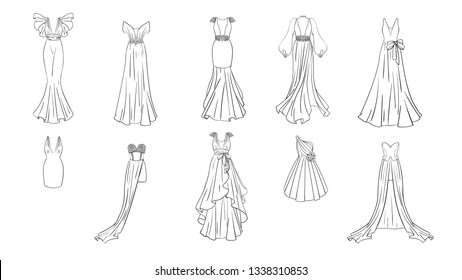 A set of different dresses. Modern and classic style. Dresses for prom, gala evening, wedding, masquerade, points. Coloring page for girls.