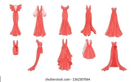 Set of different dresses. Modern and classic style. Dresses for prom, gala evening, wedding, masquerade, points. 