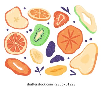 Set of different dried fruits isolated on a white background.