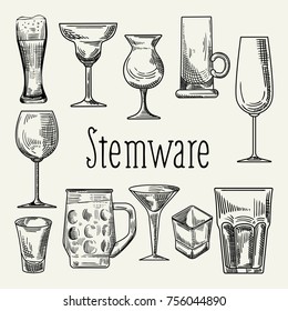 Set of Different Drink Beverage Glasses. Stemware Hand Drawn Doodle on Chalkboard. Vector illustration