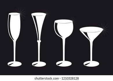set of different drinking glasses silhouette on black background vector illustration EPS10