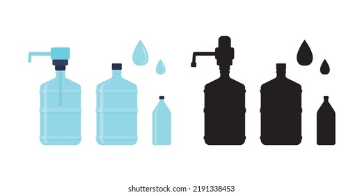 Conjunto de diferentes botellas de agua potable y siluetas negras. Colección de botellas de plástico con agua limpia. Cañones para líquido. Ilustración vectorial plana