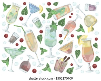 Set of different drinks and alcoholic cocktails doodle. Vector illustration design.