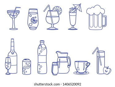 A set of different drinks for a bar or menu. Collection of thin linear icons

