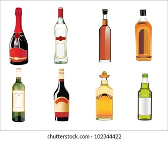 Set of different drinks and bottles on the wall. Vector illustration.