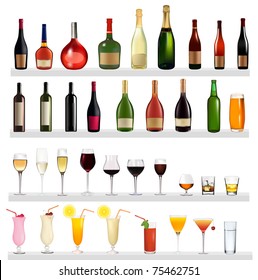 Set of different drinks and bottles on the wall. Vector illustration.