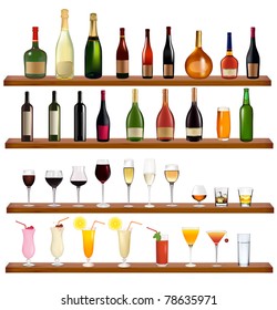 Set of different drinks and bottles on the wall. Vector illustration.