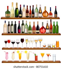 Set of different drinks and bottles on the wall. Vector illustration