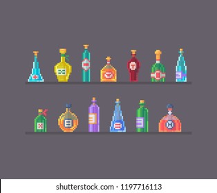 Set of different drinks in bottles in pixel art style. Alcohol and potion beverages for design.