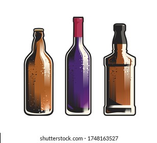 Set of different drinks and bottles. Retro vector illustration