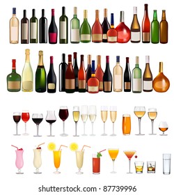 Set of different drinks and bottles. Vector illustration.