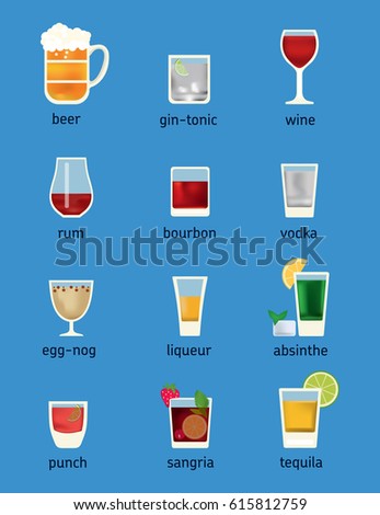 Set of different drinks, cocktails and beer. Modern vector illustration isolated on blue background.
