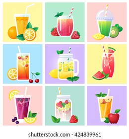 Set of different drinks, cocktails and juice on color card background, flat design