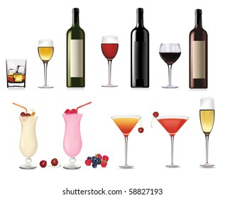 Set of different drinks and cocktails. Vector illustration.