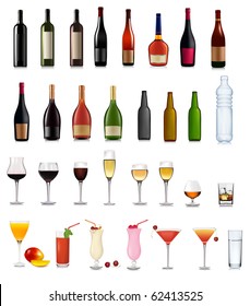 Set of different drinks and cocktails. Vector illustration.