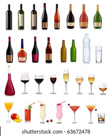 Set of different drinks and cocktails. Vector illustration.