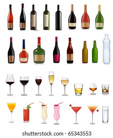 Set of different drinks and cocktails. Vector illustration.