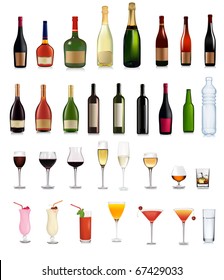 Set of different drinks and cocktails. Vector illustration.