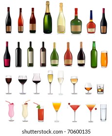 Set of different drinks and cocktails. Vector illustration.