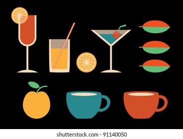 Set of different drinks and cocktails. Vector illustration.