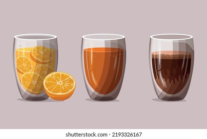 A set of different drinks, coffee with milk and orange juice