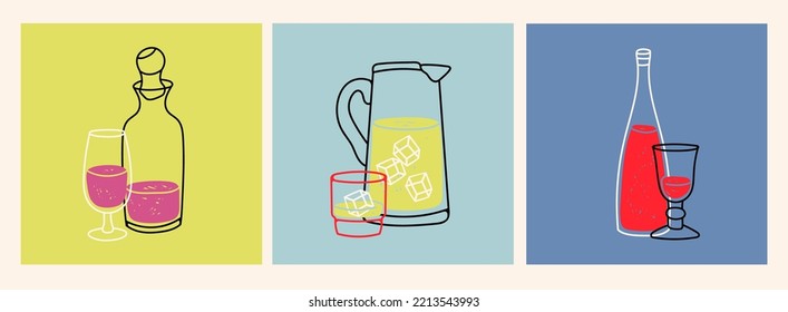 Variedad de bebidas. Bebida colorida en la botella, el vidrio y la jarra. Dibujo manual de la moderna ilustración vectorial. Plantillas de diseño de menú de restaurante y barra. Elementos aislados