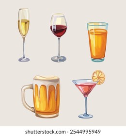 Conjunto de diferentes bebidas, incluindo champanhe, vinho, suco, cerveja e coquetéis, ideal para projetos de verão, menus de bebidas, receitas e decorações.