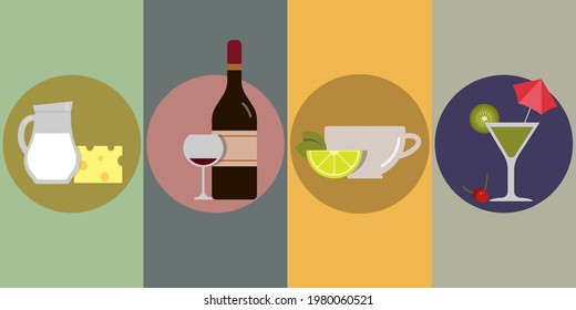 Set verschiedener Getränke: Milch, Flasche Wein, Tee und Cocktail.Farbige flache Vektorgrafik für Social Media-Geschichten, Banner, Café-Menü.