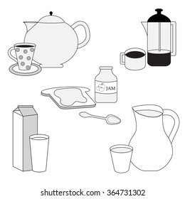 Set of different drinks in monochrome colors