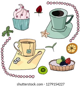 set of different drinks in a mug and sweets. Elements isolated on white for restaurant and cafe menus. Color drawn by hand. 
Vector set with pastry illustrations. Good food and coffee. Cake, cake