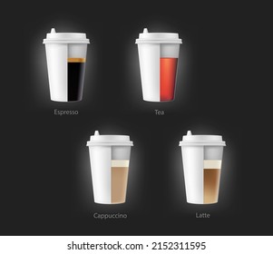 A set of different drinks in paper cups. Coffee to go, take out mug. Vector illustration can be use for any backgrounds. EPS10.	