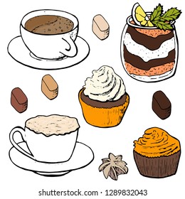 Set of different drinks, pastry and sweets. Elements isolated on white for restaurant and cafe menu.