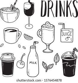 Set of different drinks: soda, wine, cocktails, juice, cup of coffee, tea, milk bottle. Vector hand drawn illustration, isolated on white background. Flat style. For print, menu, cafe, restaurant.
