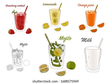 Set of different drinks. Vector illustration.