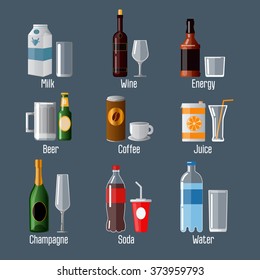 Set of Different Drinks in Ware. Vector illustration