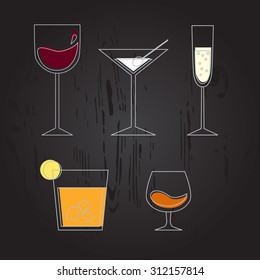 Set of different drinks: wine, martini, champagne, whiskey, cognac on dark background. Vector illustration.