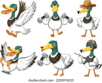 Set of different ducks cartoon character illustration