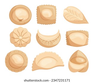 Set of Different Dumplings, Delectable Pockets Of Dough, Filled With Meat, Vegetables, Or Sweet Fillings. Steamed, Fried, Or Boiled, They Are Popular In Cuisines Worldwide. Cartoon Vector Illustration