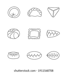 Set of different dumplings icon. Isolated on white background. Vector stock illustration. Hand drawn doodle elements: dumplings, pelmeni, ravioli, vareniki, manti, khinkali, dim sum. Simple style.