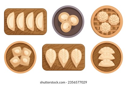 Set of Different Dumplings on Wooden Plated and Boards. Steamed, Fried, Or Boiled Delectable Pockets Of Dough, Filled With Meat, Vegetables, Or Sweet Fillings. Cartoon Vector Illustration