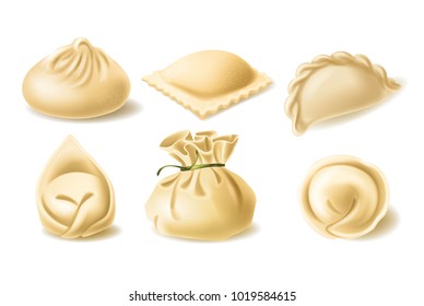 Set of different dumplings, pelmeni, wonton, tortellini, khinkali, manti, ravioli, vector realistic illustration. Traditional asian and european cuisine, dough stuffed with meat or vegetables